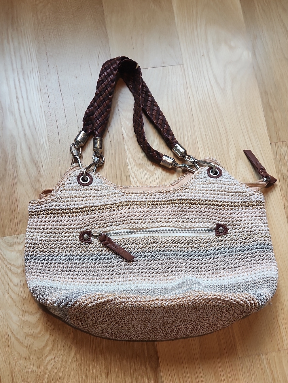 The Sak Neutral Woven Shoulder Bag with Brown Braided Handles